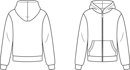 Cad drawing flat vector illustration, hoodie front back view, fashion mockup, sweatshirt design template, kangaroo pocket garment layout © Noman Art