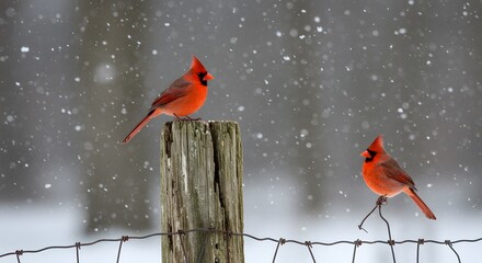 Two Male Northern Cardinals in Winter Snow Perched on a Rustic Fence Post