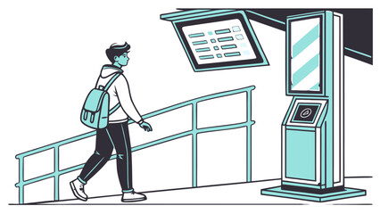 A person with backpack walking near a bus stop with schedule board and ticket machine in the station area