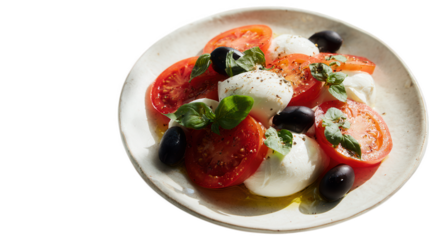 Fresh Caprese Salad Tomato Slices, Mozzarella Balls, Olives, and Basil on Plate