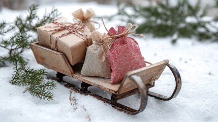 Christmas scene with a small wooden sleigh loaded with three small gift bags, a few pine branches around, and white snow covering the ground.