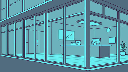 View of a modern office interior with glass walls desks computers and potted plant in blue tones design