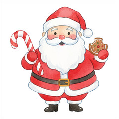 Santa Holding Candy Cane and Cookie Watercolor Vector
