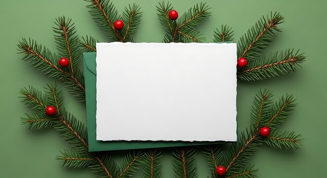Blank card surrounded by Christmas tree branches and red berries festive mockup for holiday greetings or invitations on a green background - Powered by Adobe