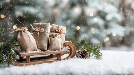 Christmas scene with a small wooden sleigh loaded with three small gift bags, a few pine branches around, and white snow covering the ground.