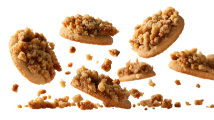 Delicious cookies with crumbs floating in mid air isolated on transparent background