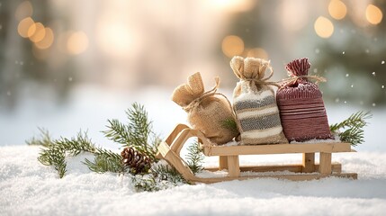 Christmas scene with a small wooden sleigh loaded with three small gift bags, a few pine branches around, and white snow covering the ground.