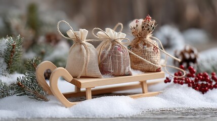 Christmas scene with a small wooden sleigh loaded with three small gift bags, a few pine branches around, and white snow covering the ground.