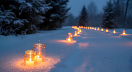 Winter forest path illuminated by a line of glowing lanterns and candles in the snow at dusk