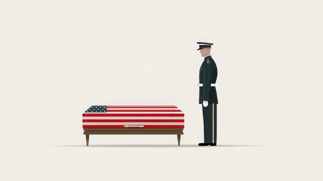 Elegant military funeral scene featuring soldier in uniform standing solemnly beside a coffin draped with American flag conveying respect patriotism and solemn tribute