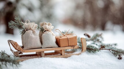 Christmas scene with a small wooden sleigh loaded with three small gift bags, a few pine branches around, and white snow covering the ground.