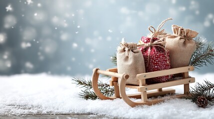 Christmas scene with a small wooden sleigh loaded with three small gift bags, a few pine branches around, and white snow covering the ground.