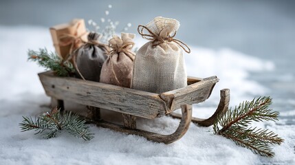 Christmas scene with a small wooden sleigh loaded with three small gift bags, a few pine branches around, and white snow covering the ground.