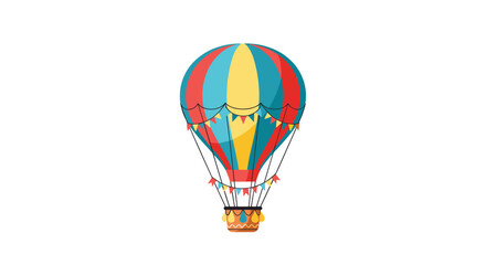 Fototapeta premium A vibrant hot air balloon illustration, featuring red, blue, and yellow stripes with festive bunting, ready for adventure.