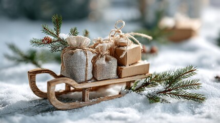 Christmas scene with a small wooden sleigh loaded with three small gift bags, a few pine branches around, and white snow covering the ground.