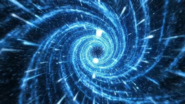 An immersive flight through a spiraling cosmic wormhole made of glowing blue particles and energy streams, a futuristic portal for hyperspace travel