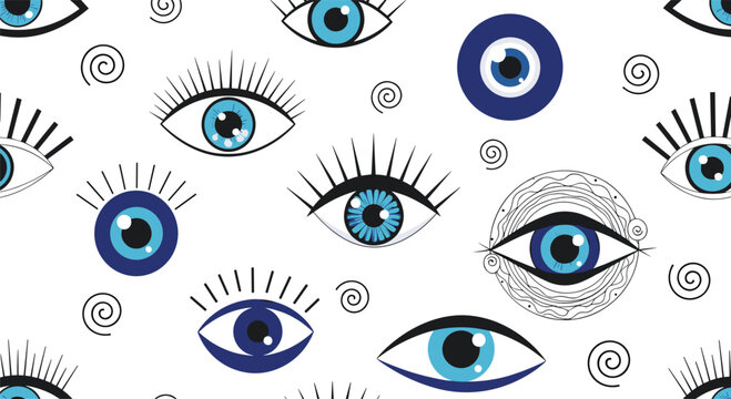 Seamless pattern of stylized blue and black evil eye and human eye motifs, adorned with decorative swirls on a white background.