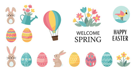 Fototapeta premium A charming collection of flat design illustrations for Easter and Spring, featuring bunnies, colorful eggs, and blooming flowers.