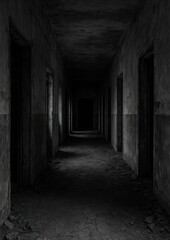 Dark abandoned hallway with shadows.