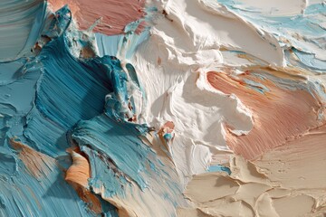 A close-up view of vibrant, textured brushstrokes in a palette of light beige, peachy-tan, and teal-blue hues.  The impasto technique creates a dynamic composition of thick paint layers.