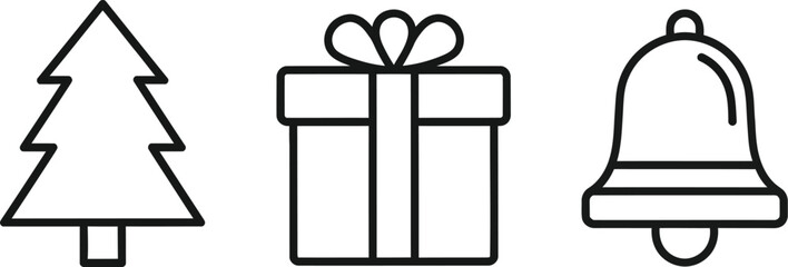 Minimalist Christmas icons, including tree, gift, and bell outline designs