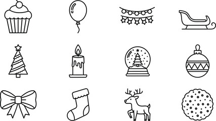 Hand-drawn holiday and celebration icons set including cake, balloon, garland, sleigh, tree, and more