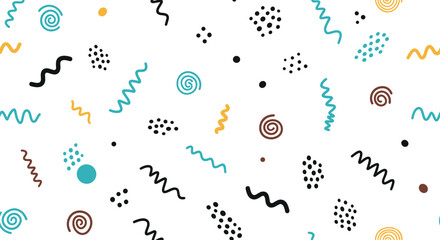 Playful abstract seamless pattern featuring hand-drawn geometric and organic shapes in a modern color palette on a white background.