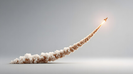 A rocket taking off with a trail of smoke, soaring against a light backdrop