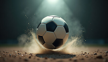 Fototapeta premium NWSL Playoff Race. Dynamic soccer ball in motion kicking up dust on the field under dramatic lighting