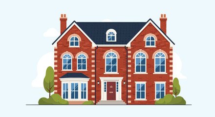 A detailed vector illustration of a traditional red brick family house with a dark blue roof, elegant windows, and a front garden.
