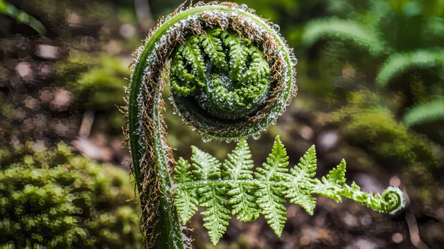 Unfurling Fern Frond With Water Droplets in Nature