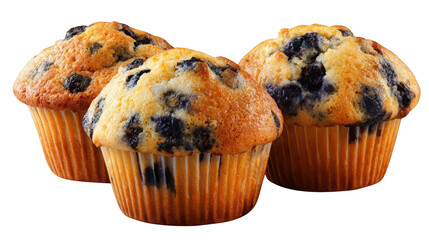 Three Blueberry Muffins in Paper Liners on a Solid Black Background, Close Up View