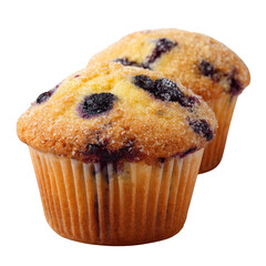 Two Blueberry Muffins with Sugar Crust in Paper Cups on Black Background