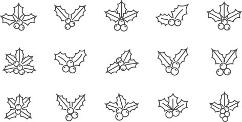 Fototapeta premium Collection of holly leaf and berry line art icons in minimalist design