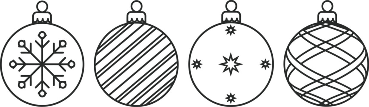 Four decorative Christmas ornaments with snowflake, stripe, and star patterns