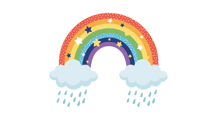 A whimsical illustration features a vibrant rainbow adorned with colorful stars, accompanied by two fluffy clouds gently raining blue drops below.