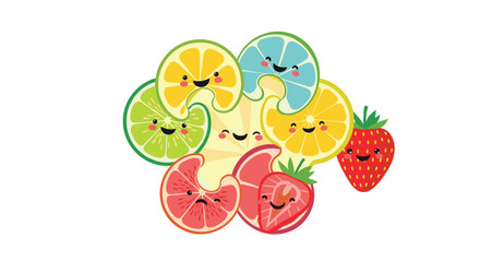 A vibrant and whimsical collection of cheerful cartoon fruit slices, including lemons, limes, grapefruits, and strawberries, all smiling brightly.