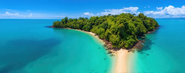 Fototapeta premium Tropics Humid Resort concept. Tropical island with clear turquoise water and sandy shorelines.