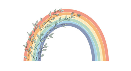 A pastel rainbow arch gently embraced by delicate green vines and leaves, symbolizing nature, growth, hope, and peace.