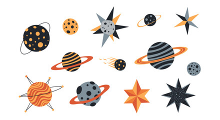Whimsical collection of colorful space objects including planets, stars, and a comet, perfect for educational or decorative designs.