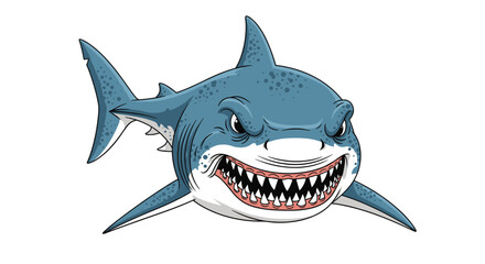 Dynamic illustration of a menacing blue shark with a wide-open mouth, revealing rows of sharp teeth and an intense expression.