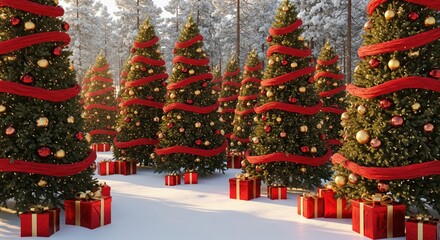 Decorated christmas trees with red garlands into a forest on a snowy sunrise close to xmas gifts in red boxes