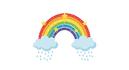 A beautiful and vibrant cartoon rainbow arching over clouds with gentle rain and sparkling stars on a clean white background.