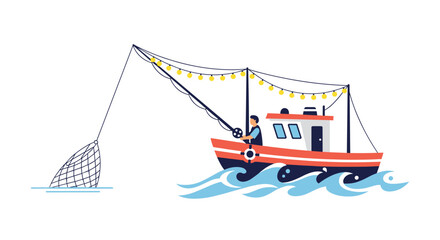 A fisherman on a red and black boat pulls a fishing net from the wavy blue sea, with string lights decorating the vessel.