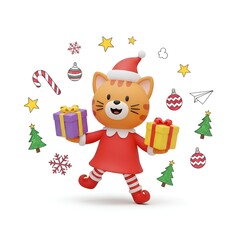 Naklejka premium 3d illustration of cute cat wearing a santa hat isolated on white background