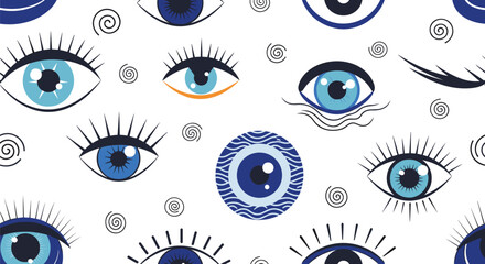 Seamless pattern with various stylized blue eyes, some resembling the evil eye talisman, interspersed with black swirl designs on white.