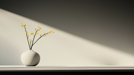 Minimalist white vase with yellow budding branches sits on a shelf under harsh diagonal sunlight