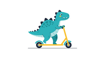 A happy blue-green cartoon dinosaur with a spiky back and spots joyfully rides a vibrant yellow and blue scooter, isolated on white.