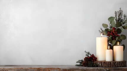 Three lit white pillar candles rest on a rustic wood slice with holiday greenery and berries