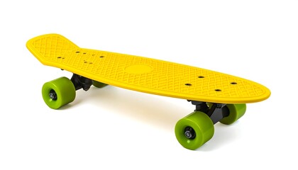 Bright yellow skateboard with green wheels on a white background